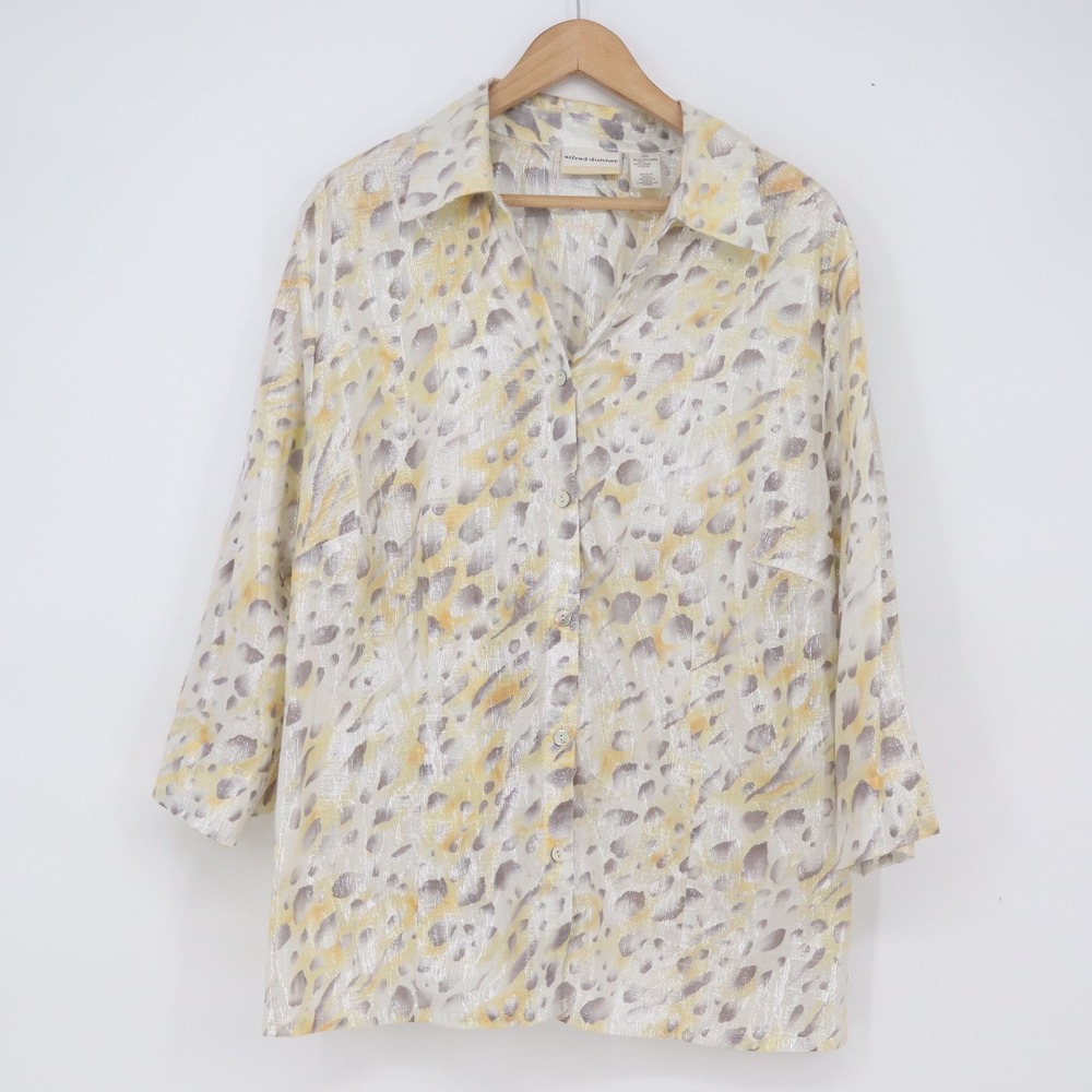 Alfred Dunner Top Womens 20W Woman Yellow Metallic Abstract Button-Down Exc